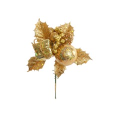 Gold Glittered Wreath Pick With Holly, 5 Balls And A Package (Lot of 12 Picks) SALE ITEM
